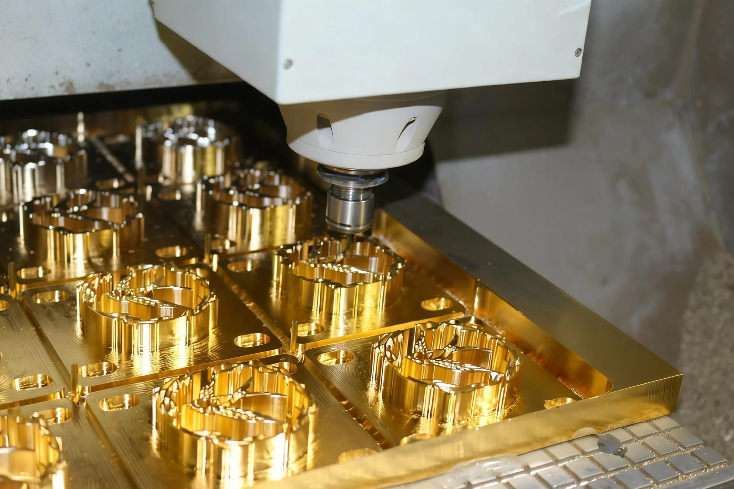 Close-up of a CNC machine precision engraving a custom logo into a brass block to create a hot stamping die.