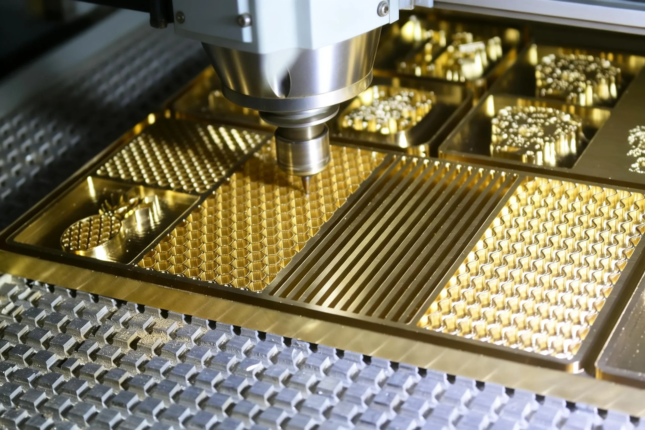 A precision CNC machine engraving intricate details onto a custom brass die for hot foil stamping and leather branding applications.