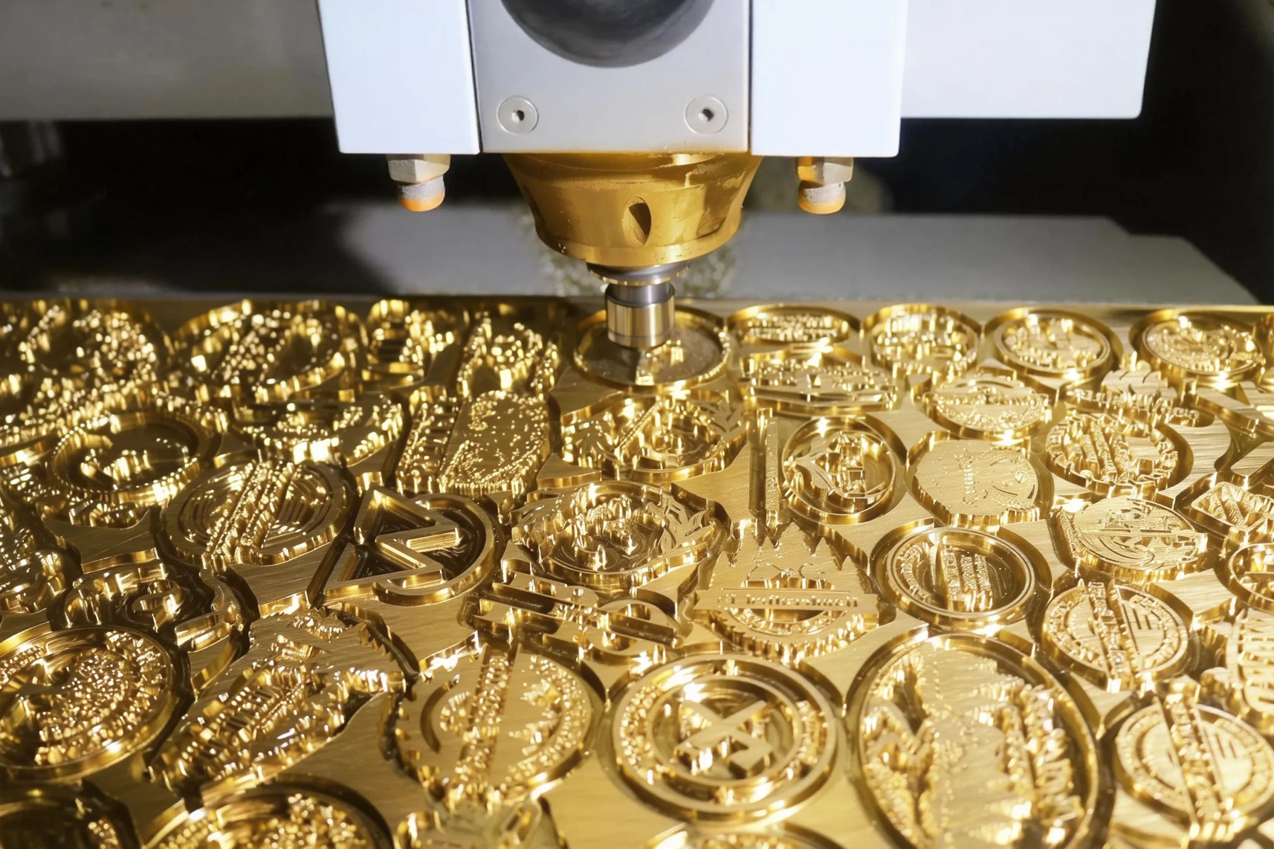 A CNC machine precisely engraving a detailed logo into a custom brass mold for use with hot stamping machines.