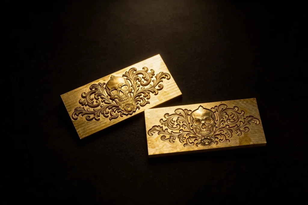 ZHENGFEI rectangular brass molds with ornate baroque scrollwork and skull engravings for bold, artistic branding.
