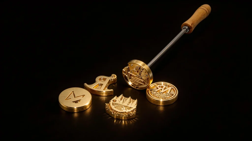 ZHENGFEI wooden-handled brass wax seal stamp with interchangeable heads for versatile branding on leather, paper, and wood.
