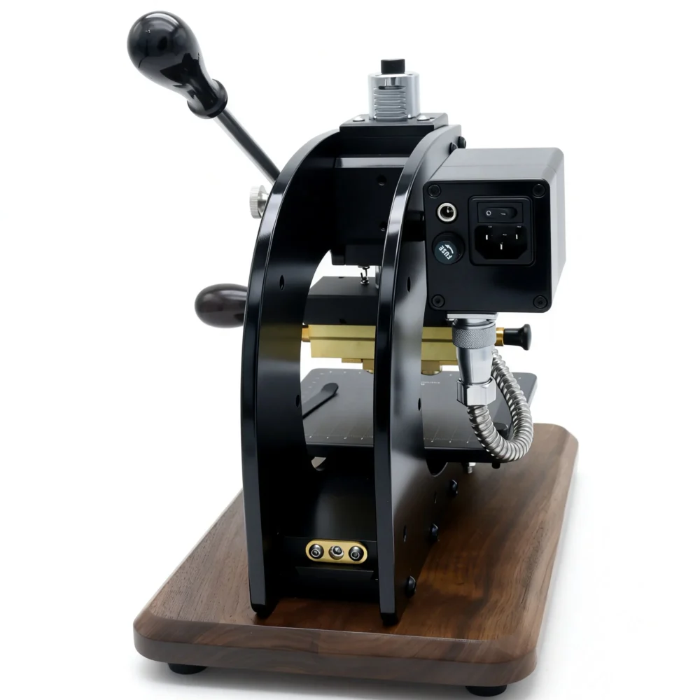 ZHENGFEI EC-17 Hot Stamping Machine Rear View with Power Interface Rear view of ZHENGFEI EC-17 with power port, switch, audio jack, and durable black metal frame.