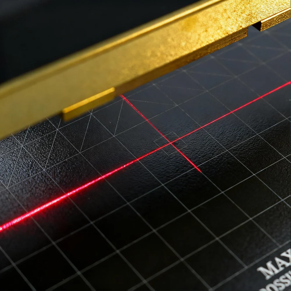 ZHENGFEI EC-27 laser crosshair on grid worktable for precise positioning.