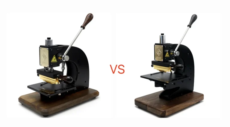 ZHENGFEI two manual hot stamping machine models comparison, for leather foil stamping and branding with solid walnut base.