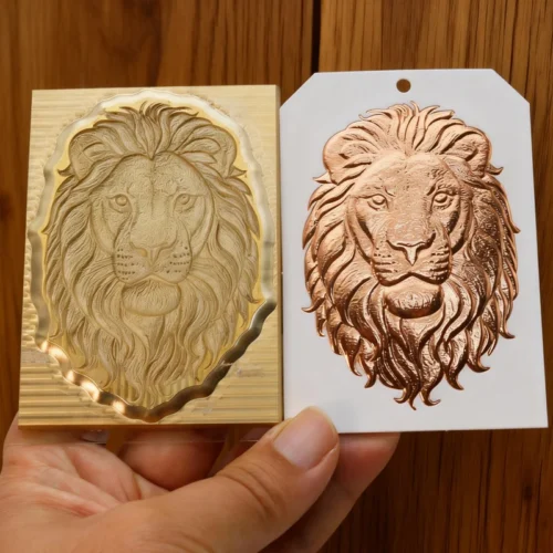 ZHENGFEI 3D lion head relief brass die, 0.01mm CNC engraved for premium leather foil stamping.