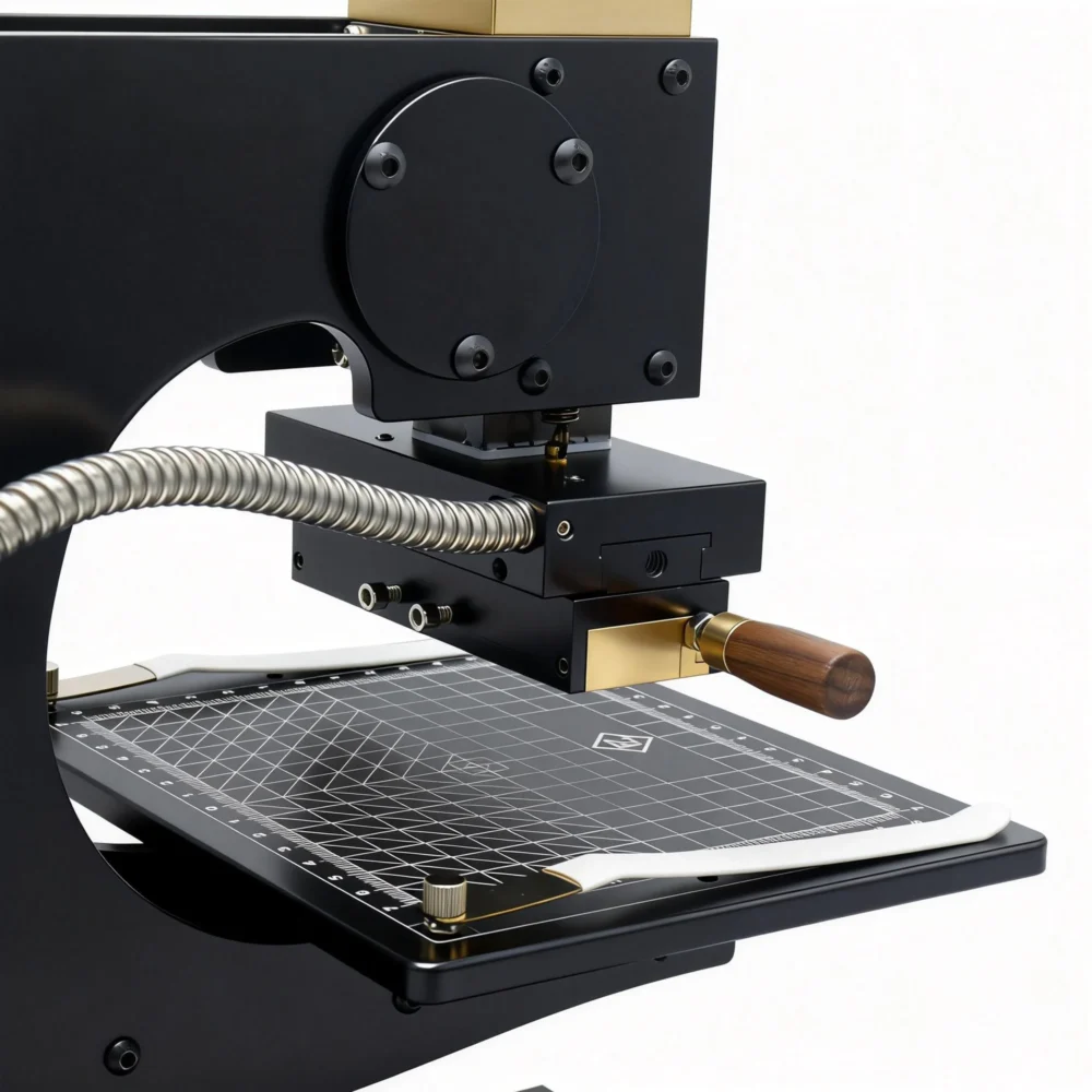 ZHENGFEI 90-XTS hot stamping head with wooden handle, grid worktable for accurate leather positioning.