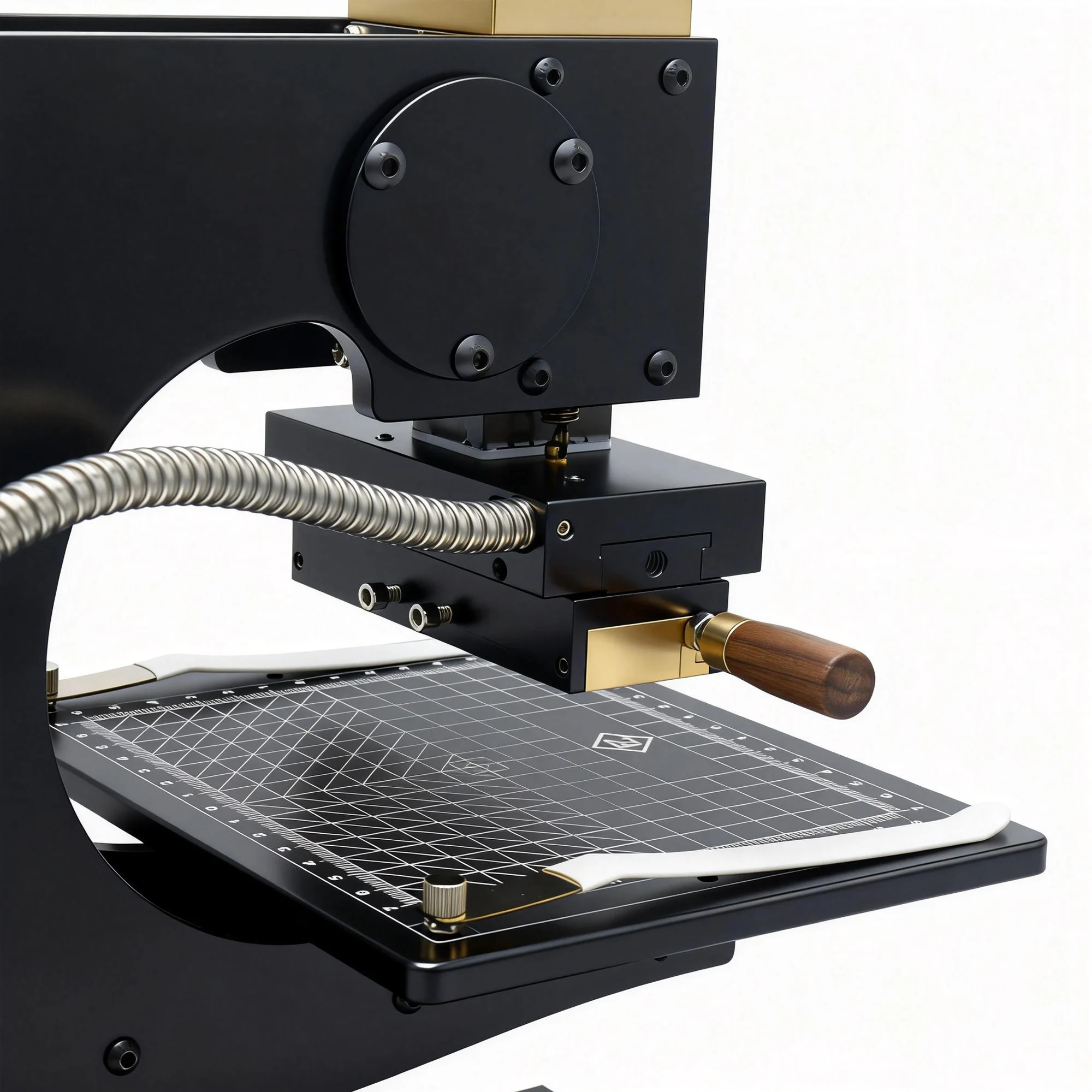 ZHENGFEI 90-XTS hot stamping head with wooden handle, grid worktable for accurate leather positioning.
