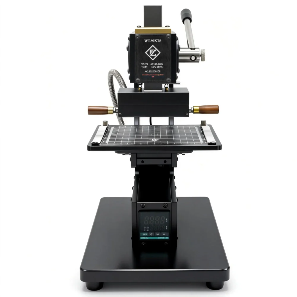 ZHENGFEI 90-XTS hot stamping machine with dual-handle heating head, digital temp control for leather embossing.