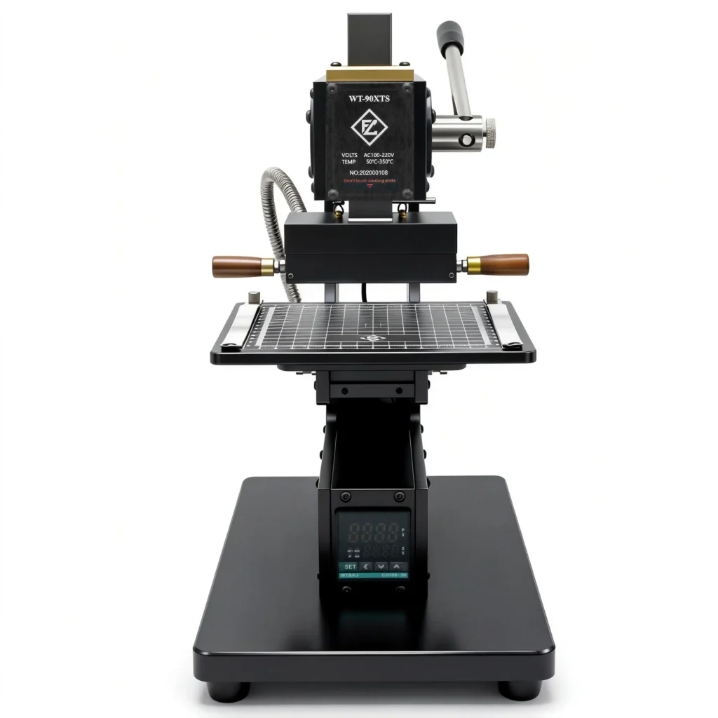 ZHENGFEI 90-XTS hot stamping machine with dual-handle heating head, digital temp control for leather embossing.