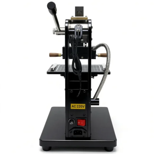Rear view of ZHENGFEI 90-XTS hot stamping machine with AC220V power port, switch and safety design.