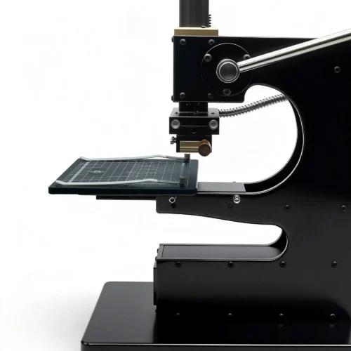 Side view of ZHENGFEI 90-XTS hot stamping machine with sliding grid worktable for flexible operation.