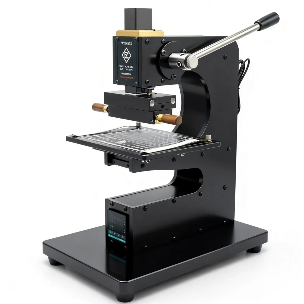 Máquina manual de estampado en caliente ZHENGFEI 90-XTS para marcar cuero, precisión de 0,01 mm, control digital de temperatura.