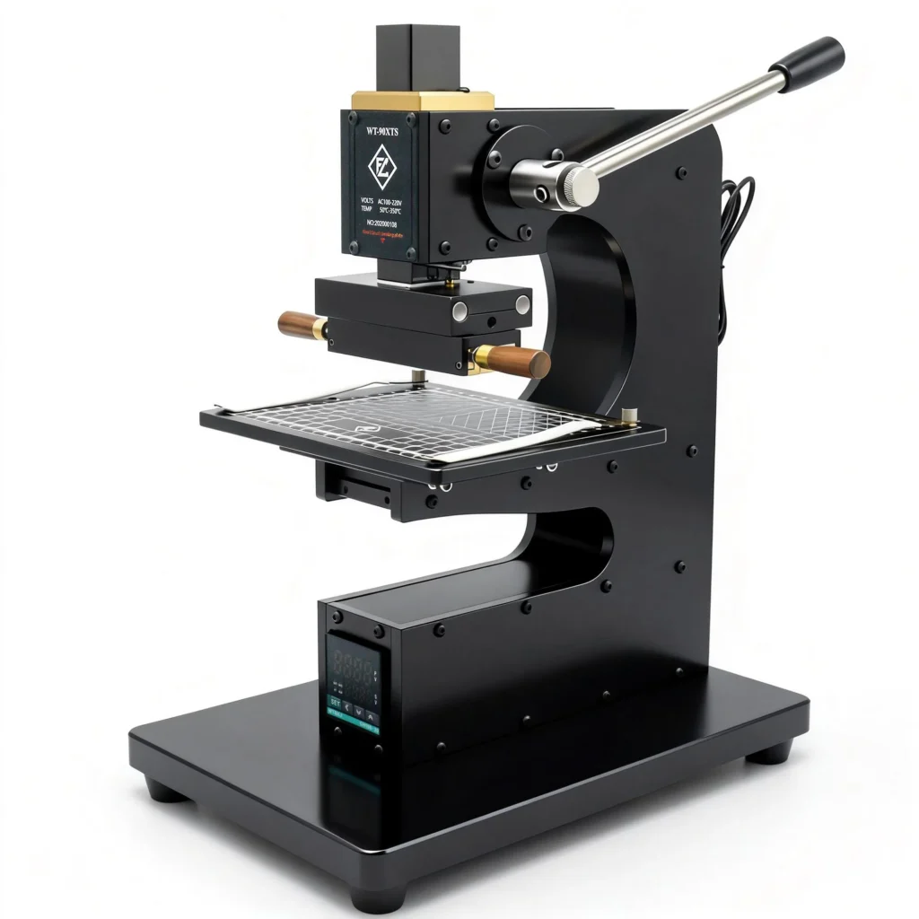 Máquina manual de estampado en caliente ZHENGFEI 90-XTS para marcar cuero, precisión de 0,01 mm, control digital de temperatura.