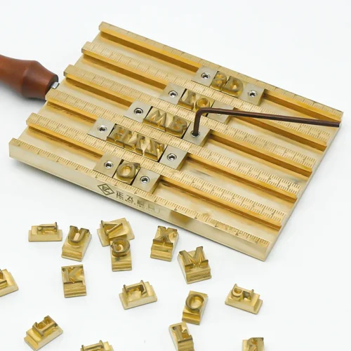 ZHENGFEI Brass Letterpress Holder with Adjustment Wrench & Loose Letters ZHENGFEI brass letterpress holder with adjustment wrench for easy letter setup in leather hot stamping.