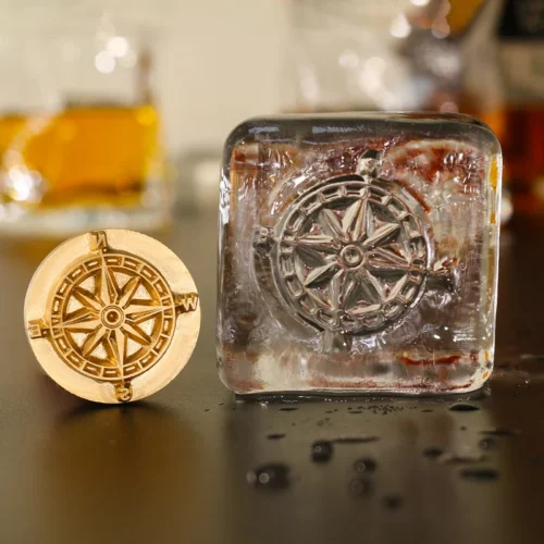 ZHENGFEI compass brass ice stamp die, 0.01mm CNC engraved for custom whiskey ice cube branding.