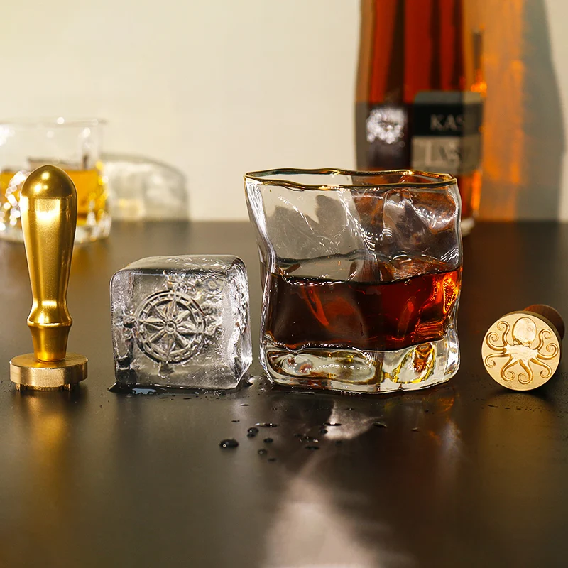 ZHENGFEI custom brass ice stamp set with compass & octopus designs for bar ice branding.