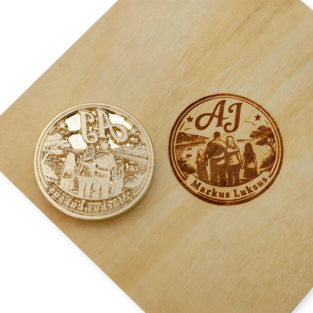 ZHENGFEI Custom Family Logo Brass Branding Head with Wood Imprint Comparison ZHENGFEI custom family logo brass branding head, 0.01mm CNC engraved for wood and leather branding.