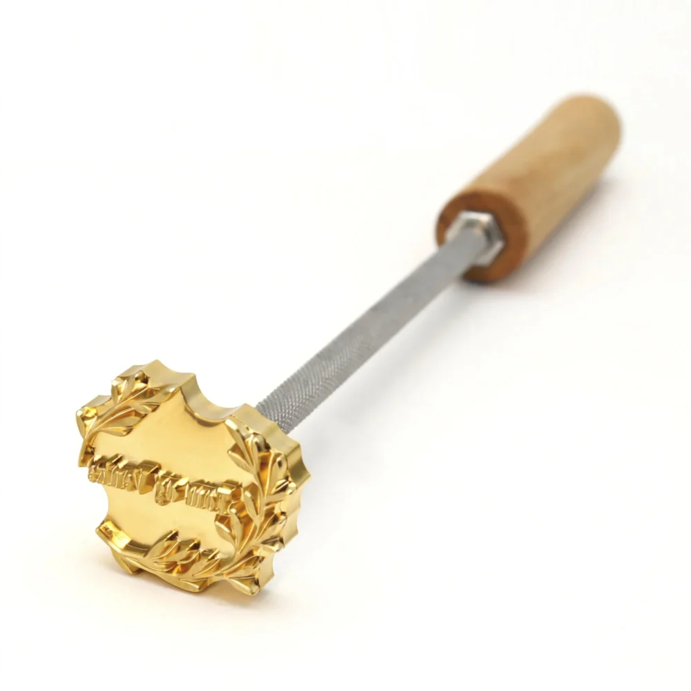 ZHENGFEI Custom Laurel Wreath Badge Brass Branding Iron with Wooden Handle ZHENGFEI custom laurel wreath badge brass branding iron for premium leather and wood product branding.