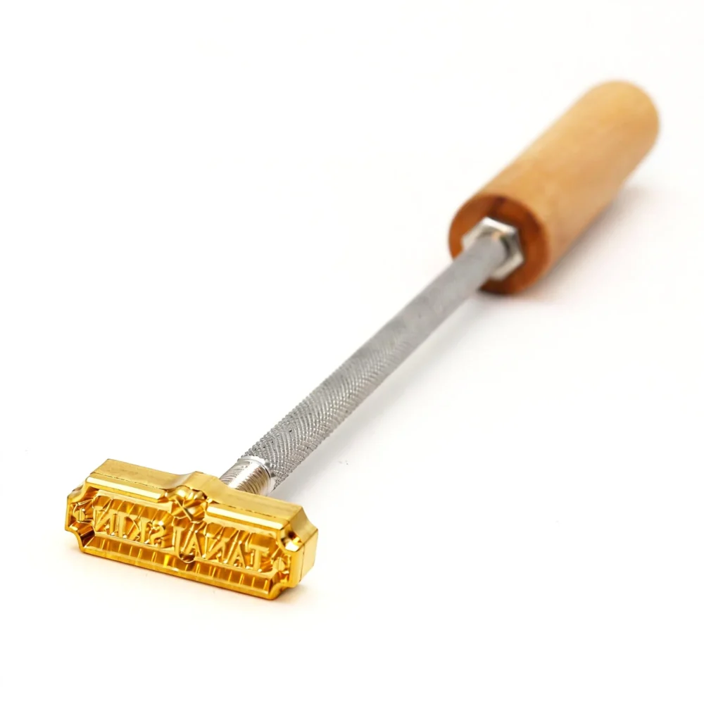 ZHENGFEI Custom Rectangular Text Brass Branding Iron with Wooden Handle ZHENGFEI custom rectangular text brass branding iron for leather product and packaging branding.