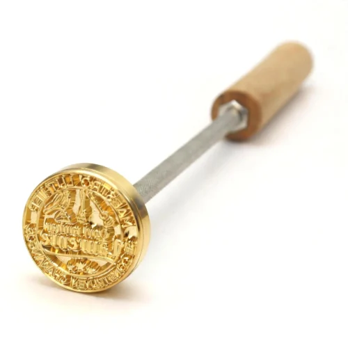 ZHENGFEI Custom Round Text Brass Branding Iron with Wooden Handle ZHENGFEI custom round text brass branding iron, 0.01mm CNC engraved for leather and wood product branding.