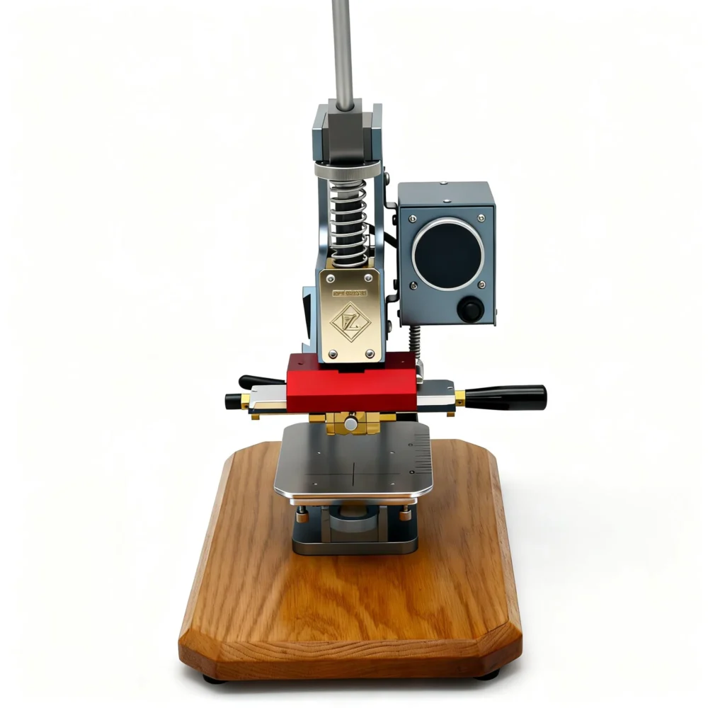 ZHENGFEI ELC-01 hot stamping machine with dual-handle heating head for leather embossing and branding.