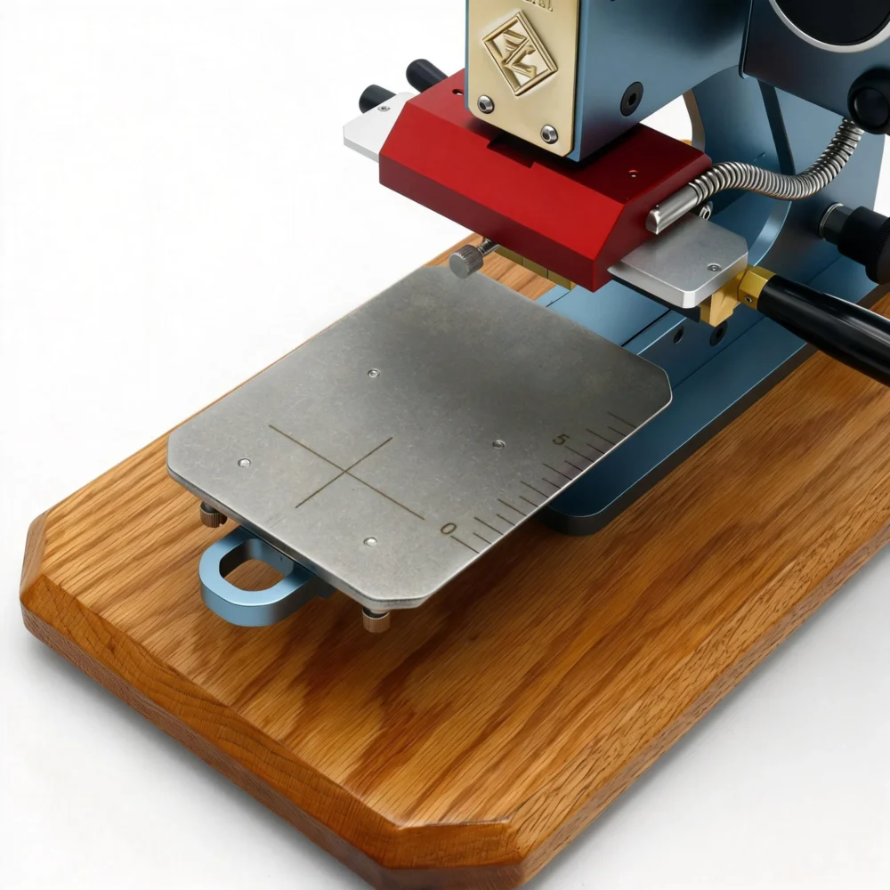 ZHENGFEI ELC-01 stainless steel worktable with cross scale for accurate leather stamping positioning.