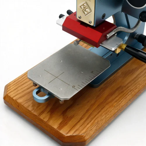 ZHENGFEI ELC-01 stainless steel worktable with cross scale for accurate leather stamping positioning.