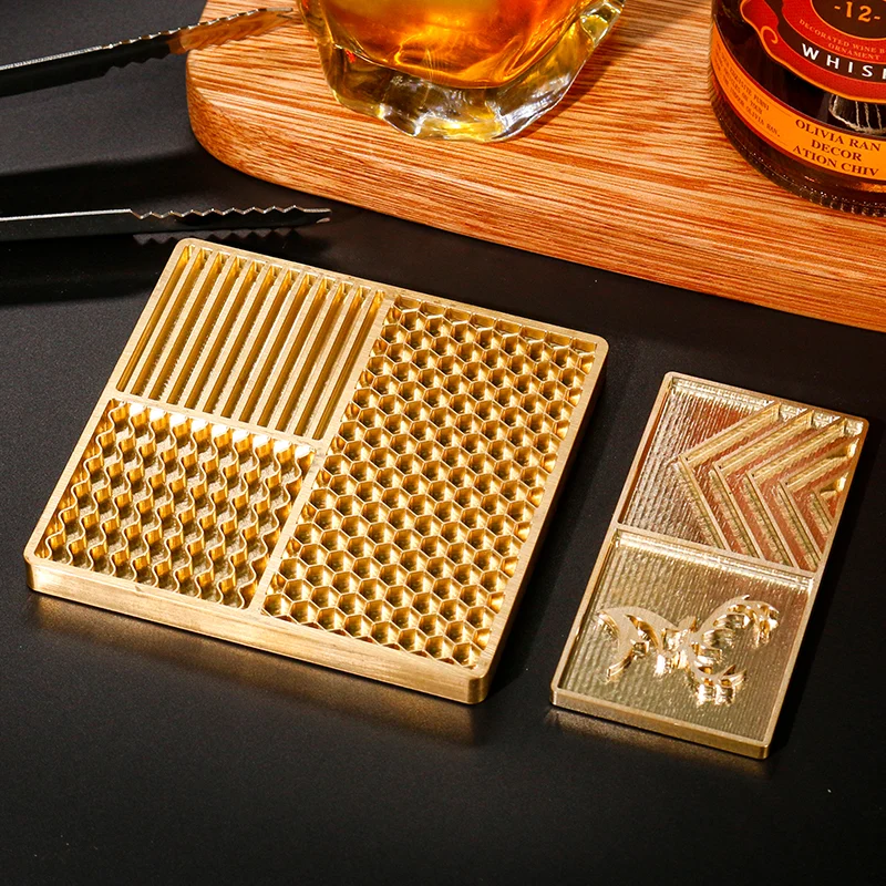 ZHENGFEI honeycomb texture brass ice plate set, 0.01mm CNC engraved for cocktail ice texturing.