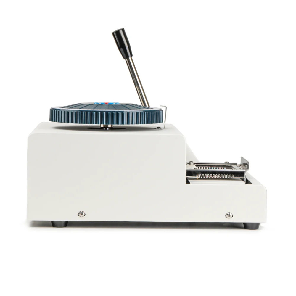 ZHENGFEI Manual Dog Tag Embossing Machine Side View Full Structure Side view of ZHENGFEI manual dog tag embossing machine with lever handle and character selection wheel.