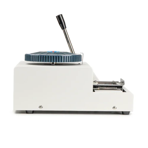 ZHENGFEI Manual Dog Tag Embossing Machine Side View Full Structure Side view of ZHENGFEI manual dog tag embossing machine with lever handle and character selection wheel.