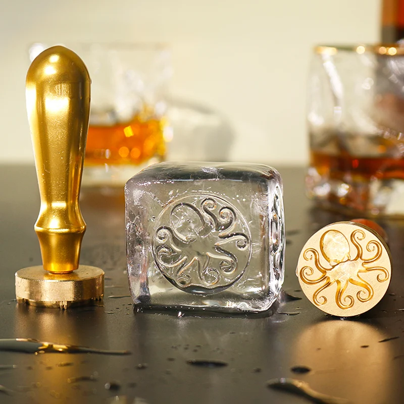 ZHENGFEI octopus brass ice stamp with gold handle, 0.01mm CNC engraved for premium bar ice branding.