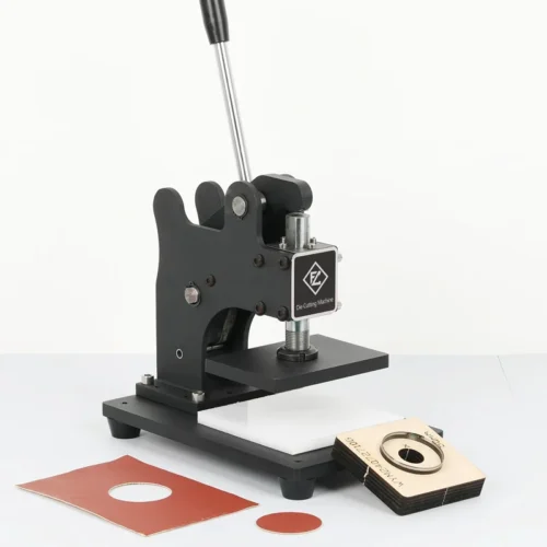 ZHENGFEI ZF-SMQ Die Cutting Machine with Leather Cutting Samples & Dies ZHENGFEI ZF-SMQ manual die cutting machine cuts leather, paper with custom steel rule dies for handmade crafts.