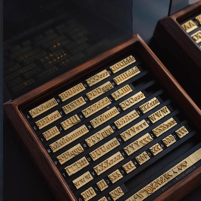 ZHENGFEI brass alphabet number symbol stamp set in walnut storage box for leather hot stamping.