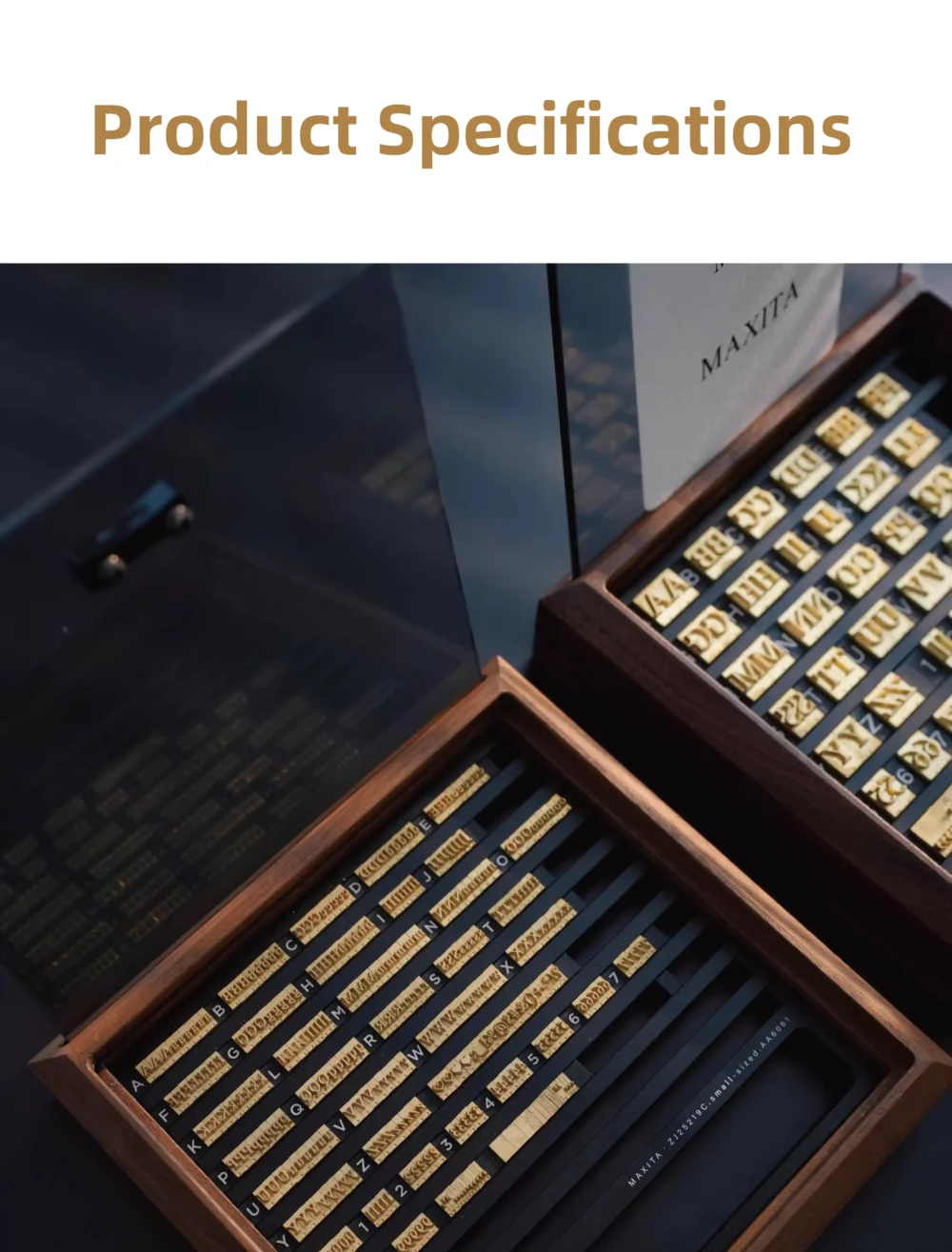 ZHENGFEI brass letter stamp set product specs, dual walnut storage boxes for leather hot stamping branding.