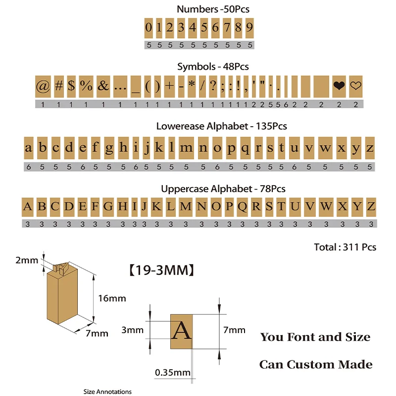 ZHENGFEI brass letter stamp set size and quantity specification chart for custom hot stamping.