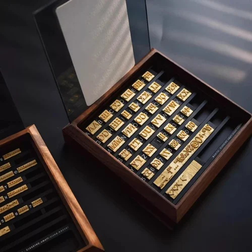 ZHENGFEI brass letter stamp set in walnut box with acrylic lid for leather and wood hot stamping.