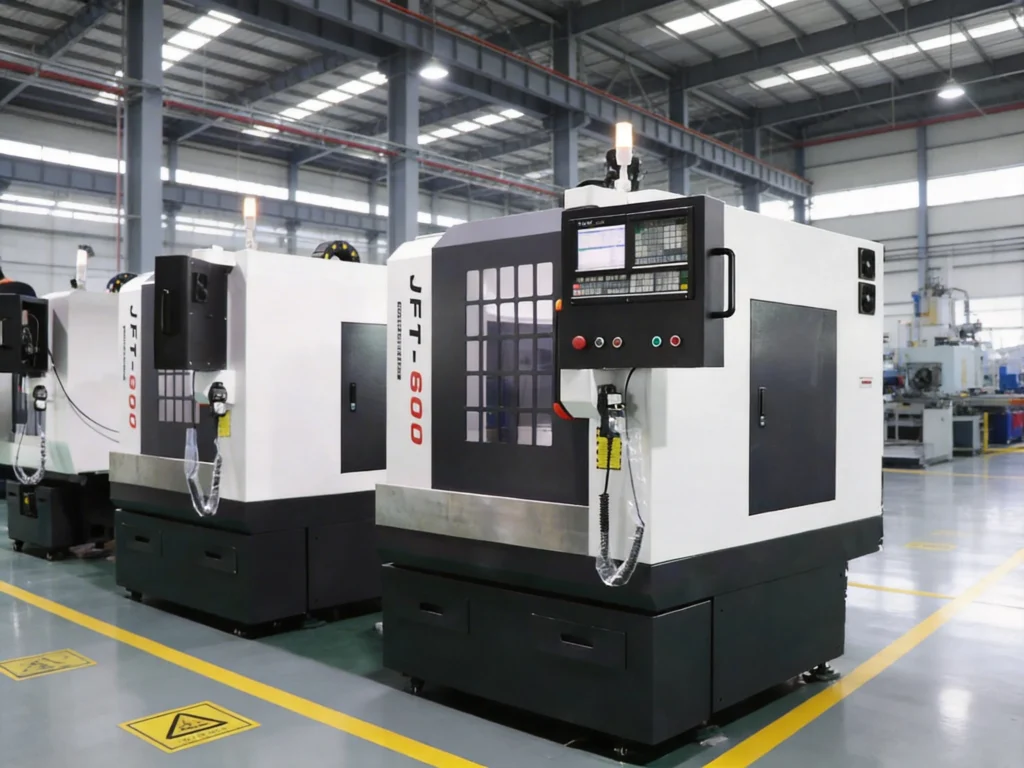 ZHENGFEI JFT-600 CNC engraving machines in factory workshop, 0.01mm precision for custom brass mold production.
