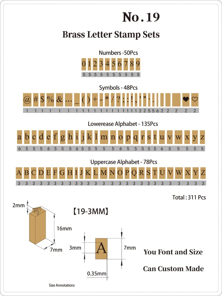 ZHENGFEI No.19 3mm brass letter stamp set spec chart, 311 pieces for leather hot stamping branding.