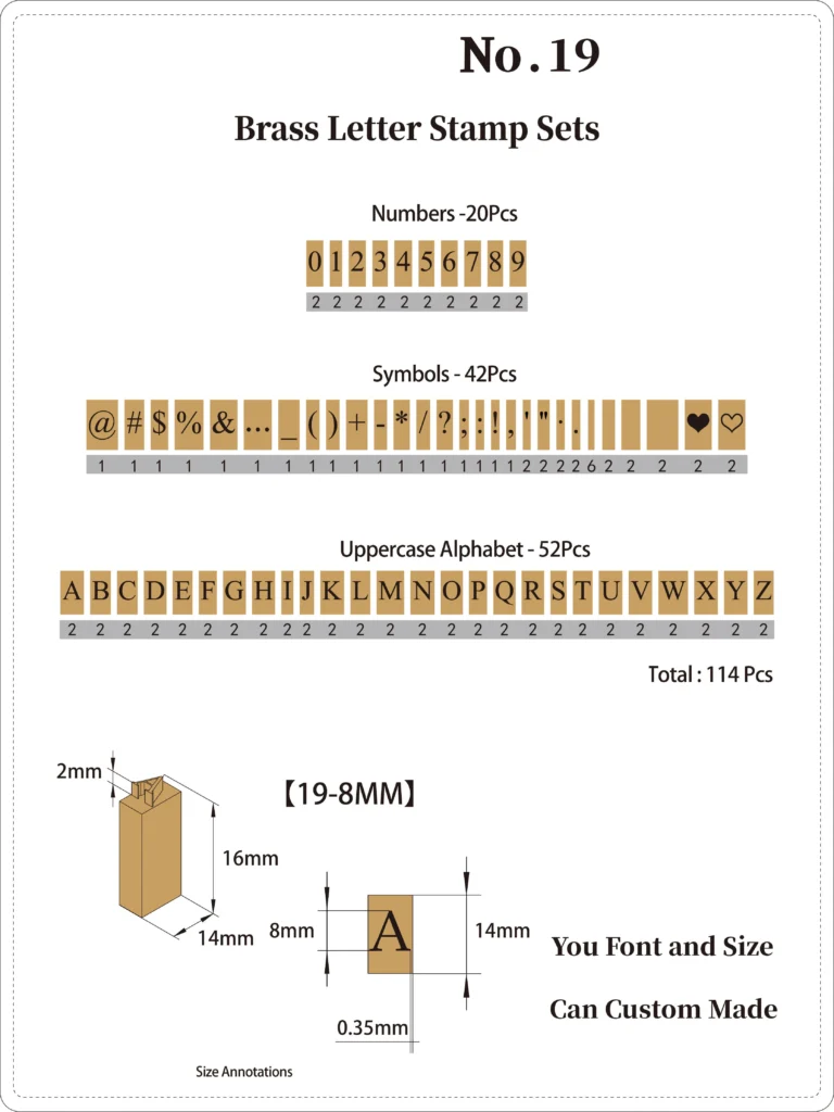 ZHENGFEI No.19 8mm brass letter stamp set spec chart, 114 pieces for large-format hot stamping branding.