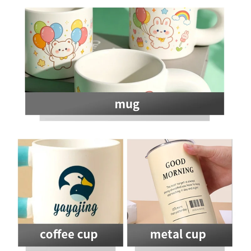 ZHENGFEI sublimation print samples on mugs, coffee cups and metal tumblers for heat press projects.