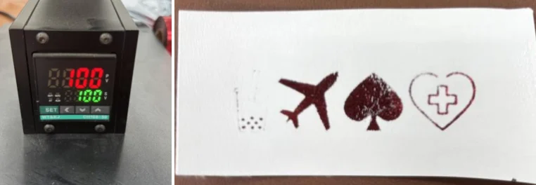 ZHENGFEI-90XTS hot stamping test at 100℃, showing incomplete transfer and poor adhesion on PU leather.