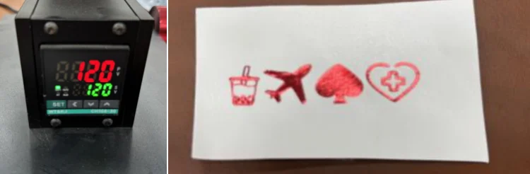 ZHENGFEI-90XTS hot stamping test at 120℃, showing over-activated foil with slight edge bleeding on PU leather.