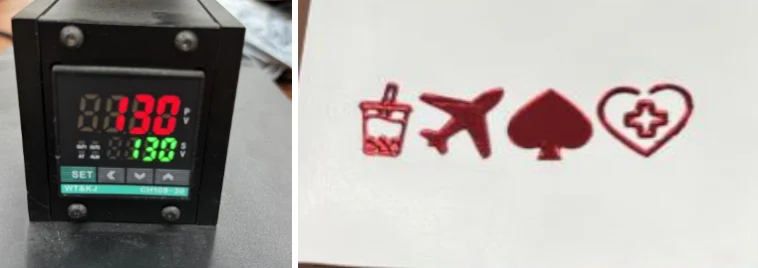 ZHENGFEI-90XTS hot stamping test at 130℃, showing severe material damage and overheating on PU leather.