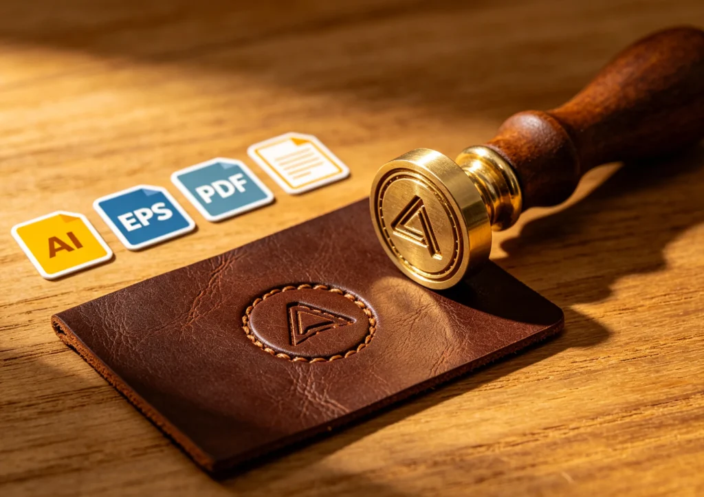 ZHENGFEI custom brass stamp with leather embossed logo, showing supported AI, EPS, PDF artwork formats.