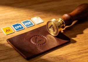 ZHENGFEI custom brass stamp with leather embossed logo, showing supported AI, EPS, PDF artwork formats.