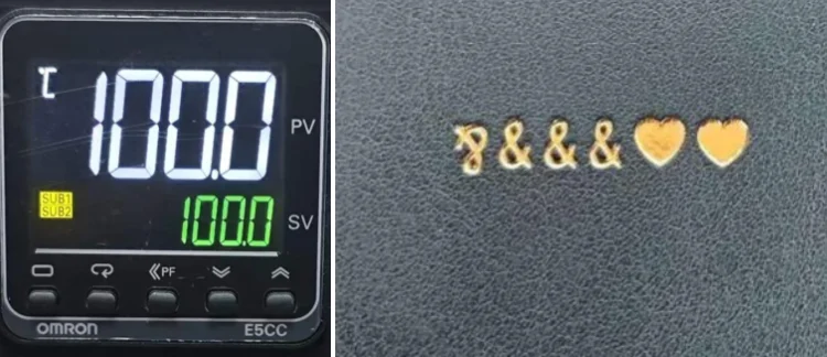 ZHENGFEI EC-27 PU leather hot stamping test at 100℃, showing ideal full and clear transfer.