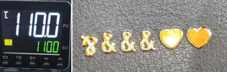 ZHENGFEI EC-27 PU leather hot stamping test at 110℃, showing over-activated foil with slight edge bleeding.