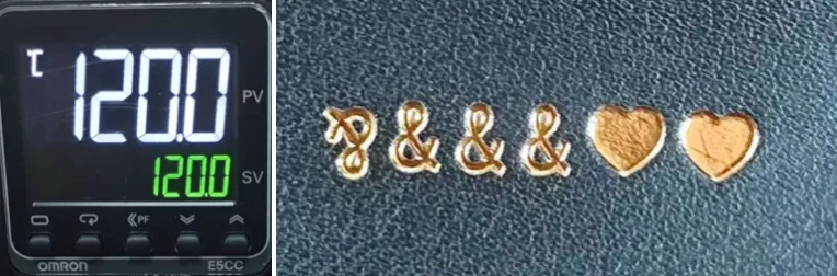 ZHENGFEI EC-27 PU leather hot stamping test at 120℃, showing material damage and burnt edges.