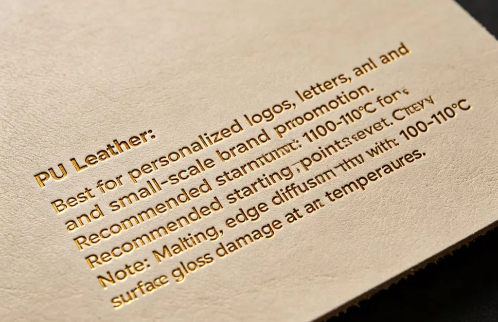 ZHENGFEI PU leather hot stamping guide showing recommended temperature, time, and pressure settings.