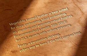 ZHENGFEI vegetable tanned leather hot stamping guide with temperature, time, and pressure recommendations.